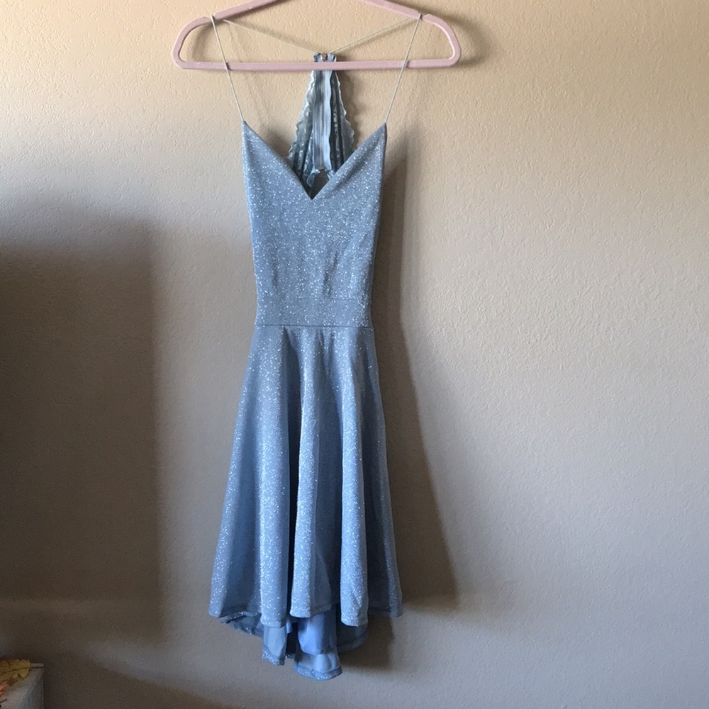OLIVE TREE Light Blue Sparkly Lace Open Back Dress